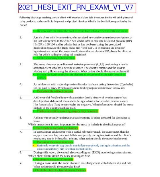 Exit RN Exam V1 to V7. HESI Attachment contains over 600 QandA