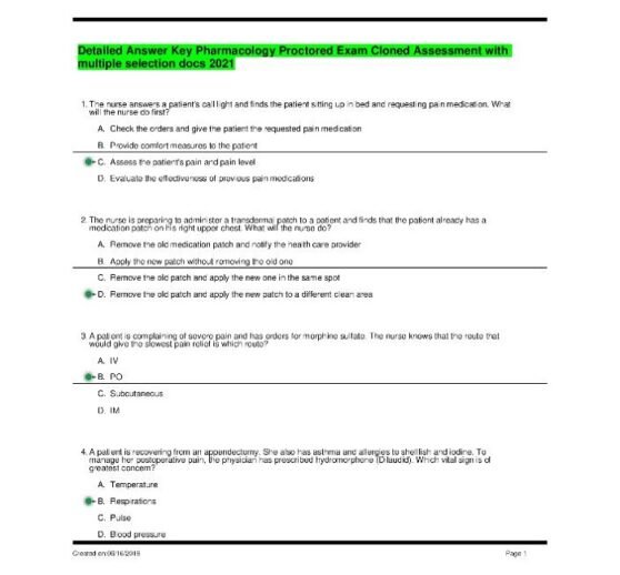 Detailed Answer Key Pharmacology Proctored Exam Cloned Assessment with multiple selection docs Final-2021