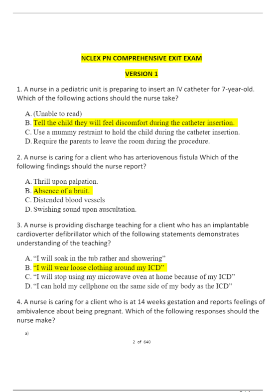 NCLEX PN COMPREHENSIVE EXIT EXAM (14 VERSIONS) LATEST 2021