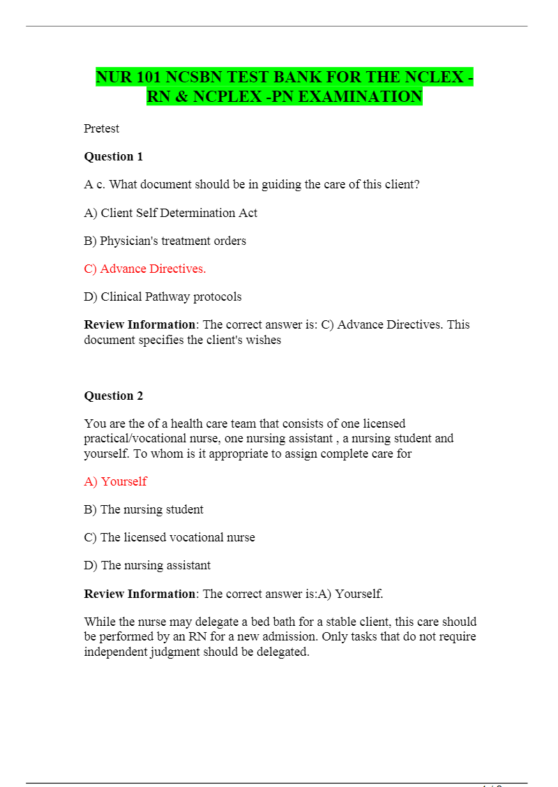 NUR 101 NCSBN TEST BANK FOR THE NCLEX -RN & NCLEX -PN EXAMINATION
